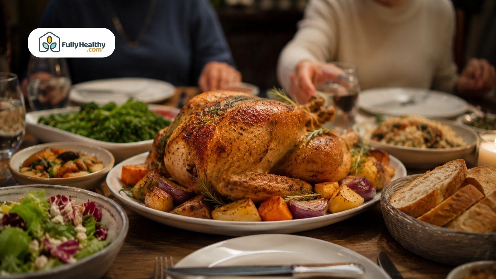 Roasted kosher chicken served with vegetables and side dishes at a family dinner table.