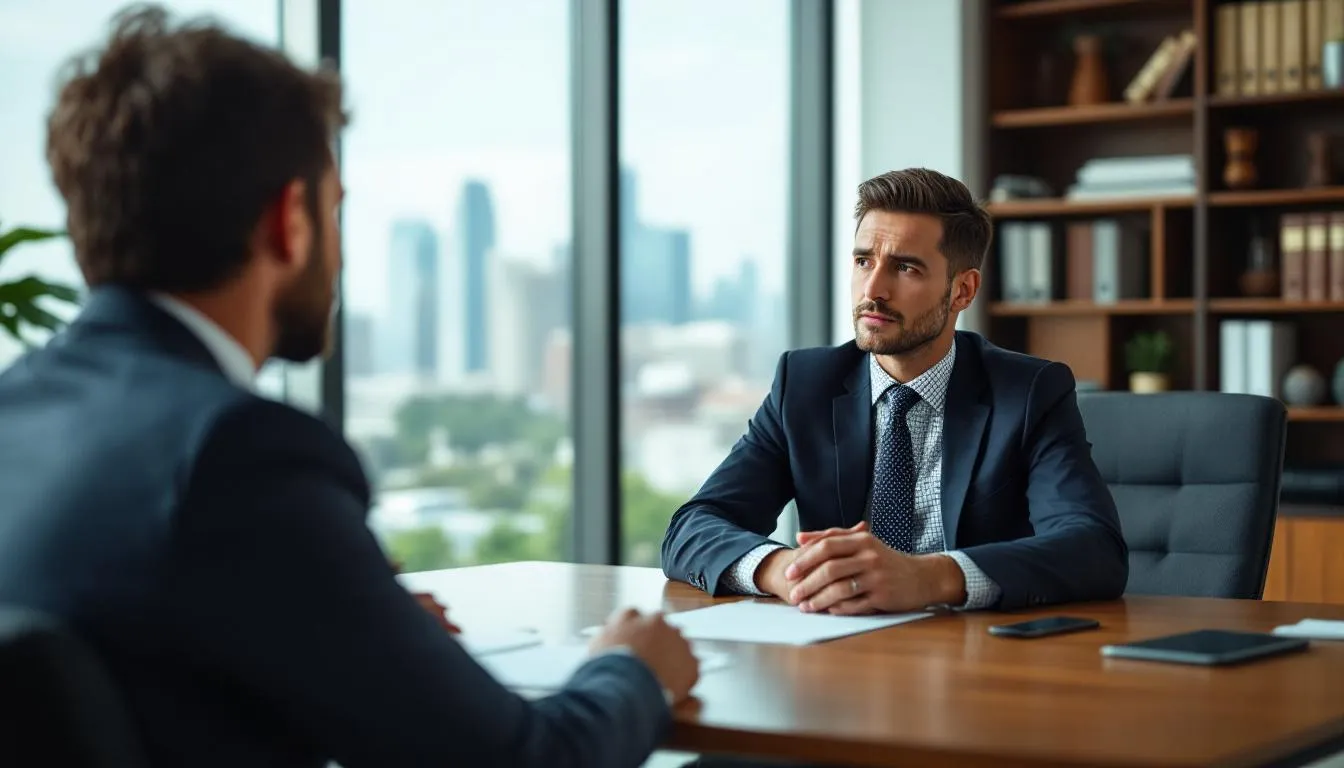A professional attorney is seen consulting with a car accident client in a law office in Panama City. The scene conveys a sense of legal assistance as they discuss the client's case, focusing on recovering compensation for medical expenses and lost wages from the car accident.