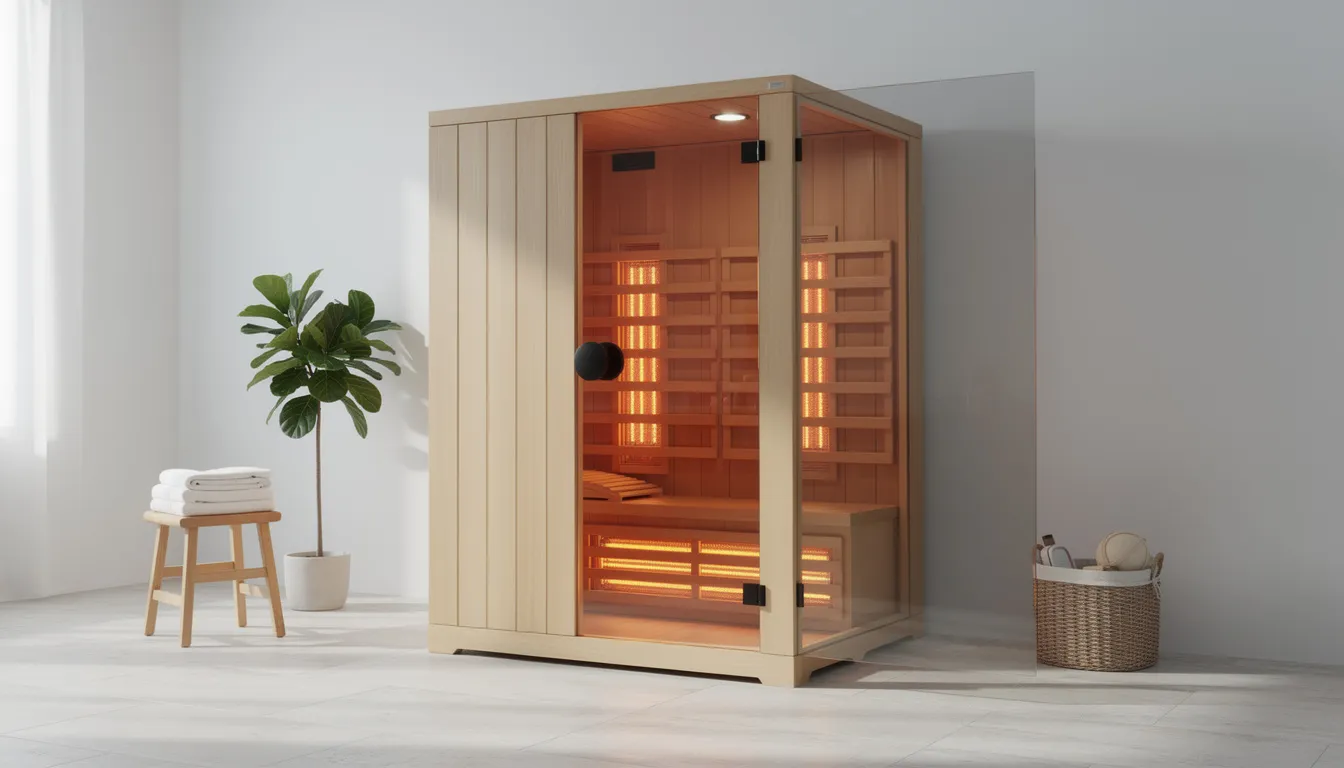 The image shows a modern wooden infrared sauna cabin with a glass door, set in a clean and minimalist home environment. This full spectrum infrared sauna is designed for relaxation and health benefits, utilizing infrared heating panels to promote stress relief and improved circulation.