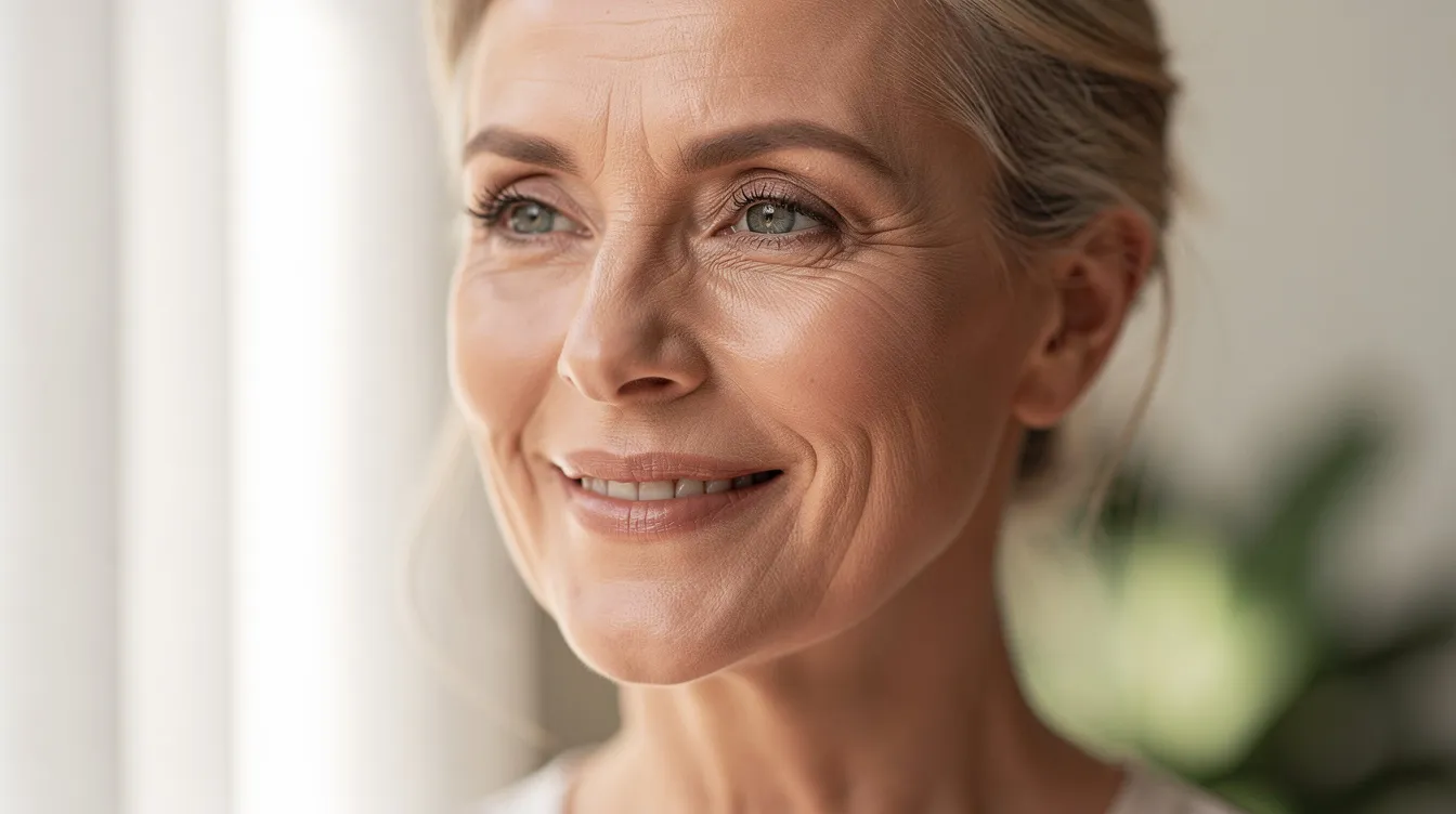 A mature woman with a natural, radiant complexion smiles softly in warm, natural light, showcasing her healthy skin texture and youthful appearance. Her glowing skin reflects the benefits of a dedicated skincare routine that combats signs of skin ageing, such as fine lines and uneven skin tone.