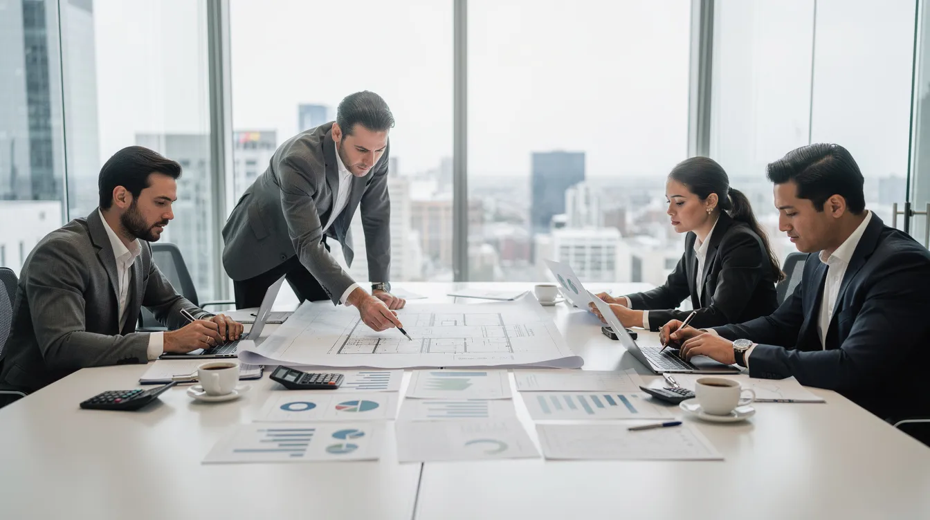 A professional team is gathered around a conference table, intently reviewing architectural plans and financial documents related to a proposed hotel project. They are discussing critical factors such as revenue projections and feasibility analysis to assess the project's financial viability and future prospects.