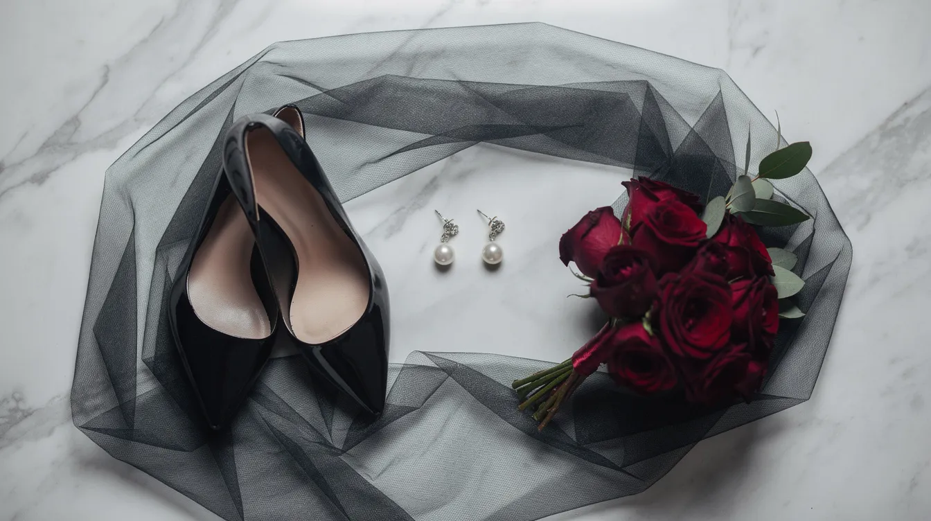 A flat lay of bridal accessories showcases a stylish combination of black pointed heels, elegant pearl earrings, a deep red rose bouquet, and a sheer black veil, all arranged on a sleek marble surface. This sophisticated display highlights the perfect touch of dark elegance for a modern bride.