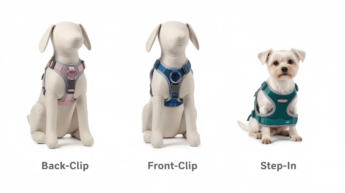 The image displays various types of dog harnesses side by side, including back-clip, front-clip, and step-in styles, showcasing their different designs for securing a dog's body. Each harness is designed to fit comfortably around the dog's neck and chest, ensuring good control during walks while allowing for natural movement.