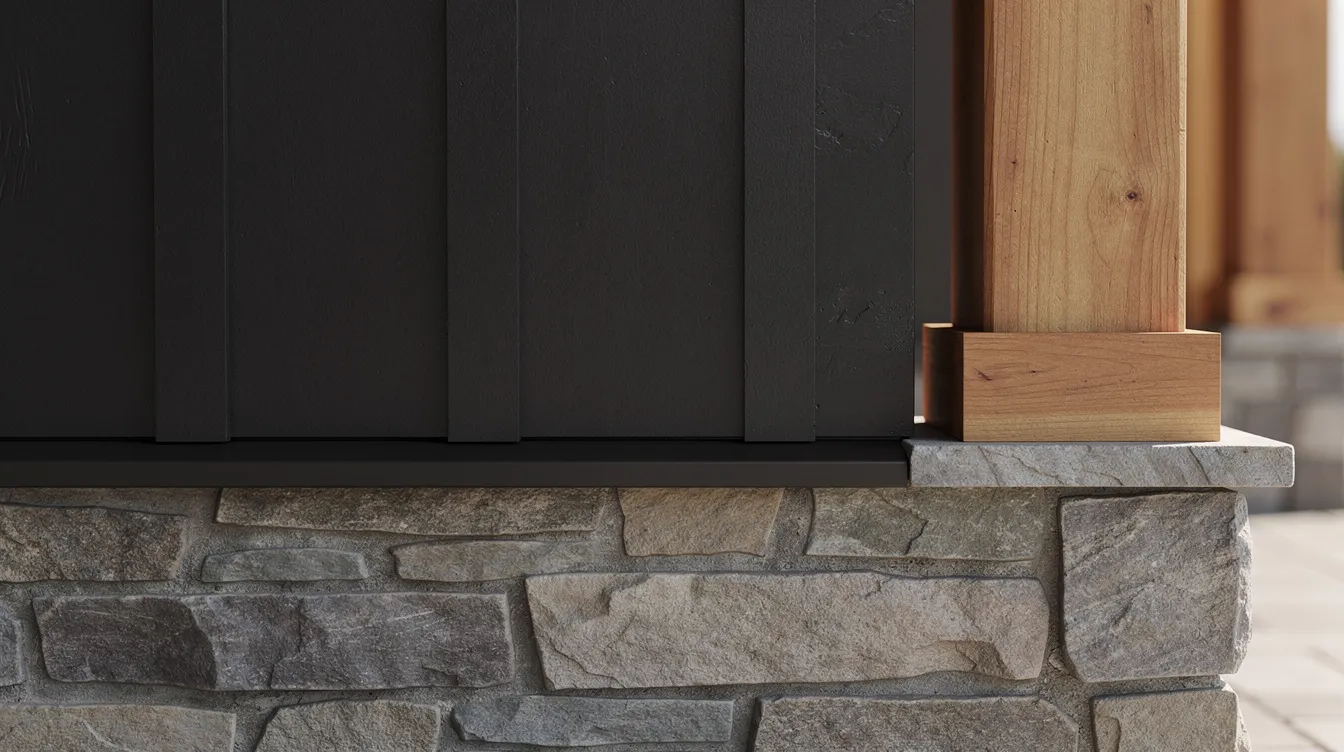 The image features a close-up detail of black board and batten siding seamlessly meeting a natural stone base, complemented by elegant cedar porch columns. This design showcases the modern farmhouse style, blending rustic charm with contemporary features.