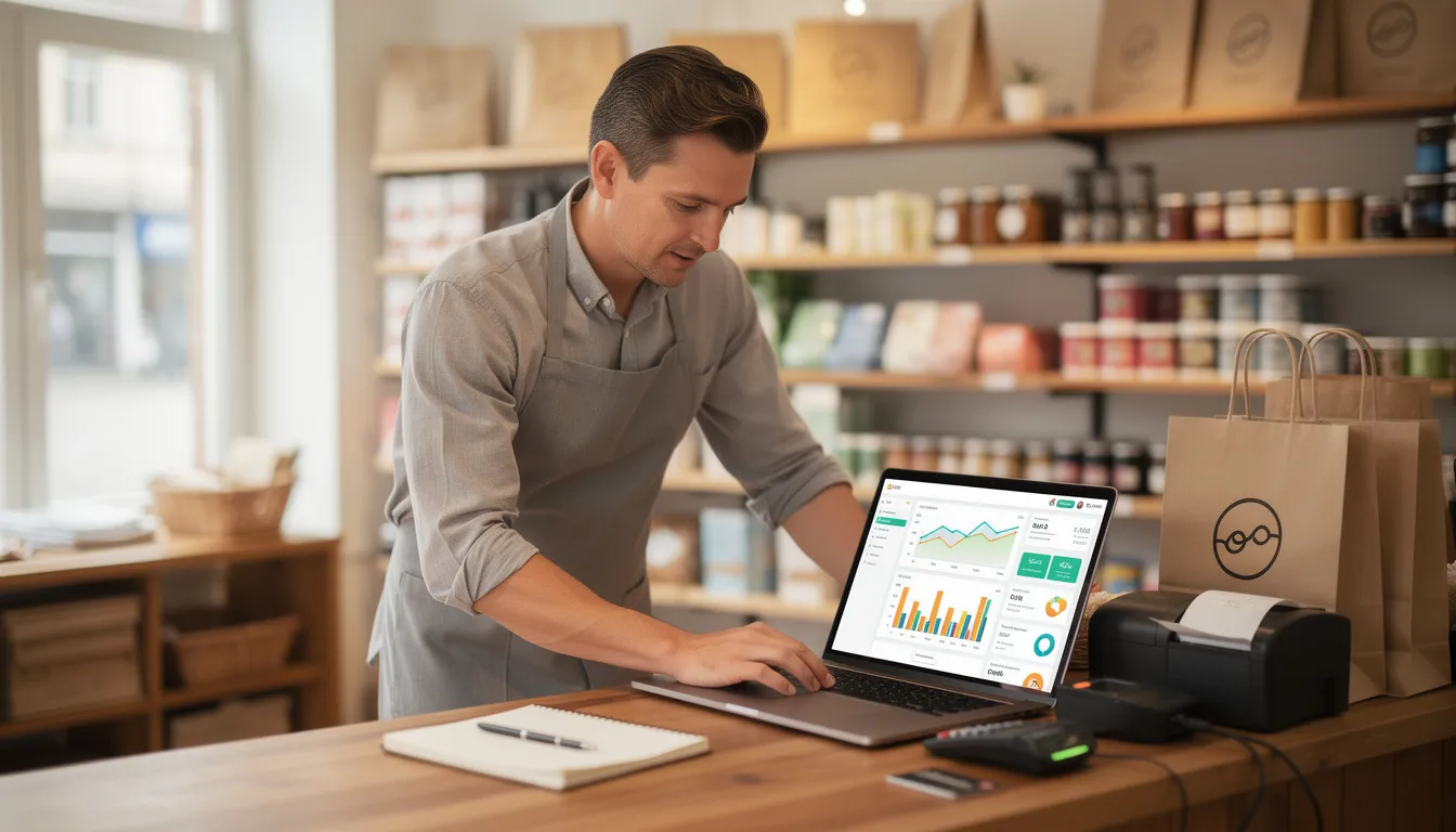 A business owner is sitting at a table in a small retail shop, intently reviewing analytics on a laptop. They are analyzing customer behavior and engagement metrics to enhance their loyalty program and boost repeat sales through effective marketing automation.