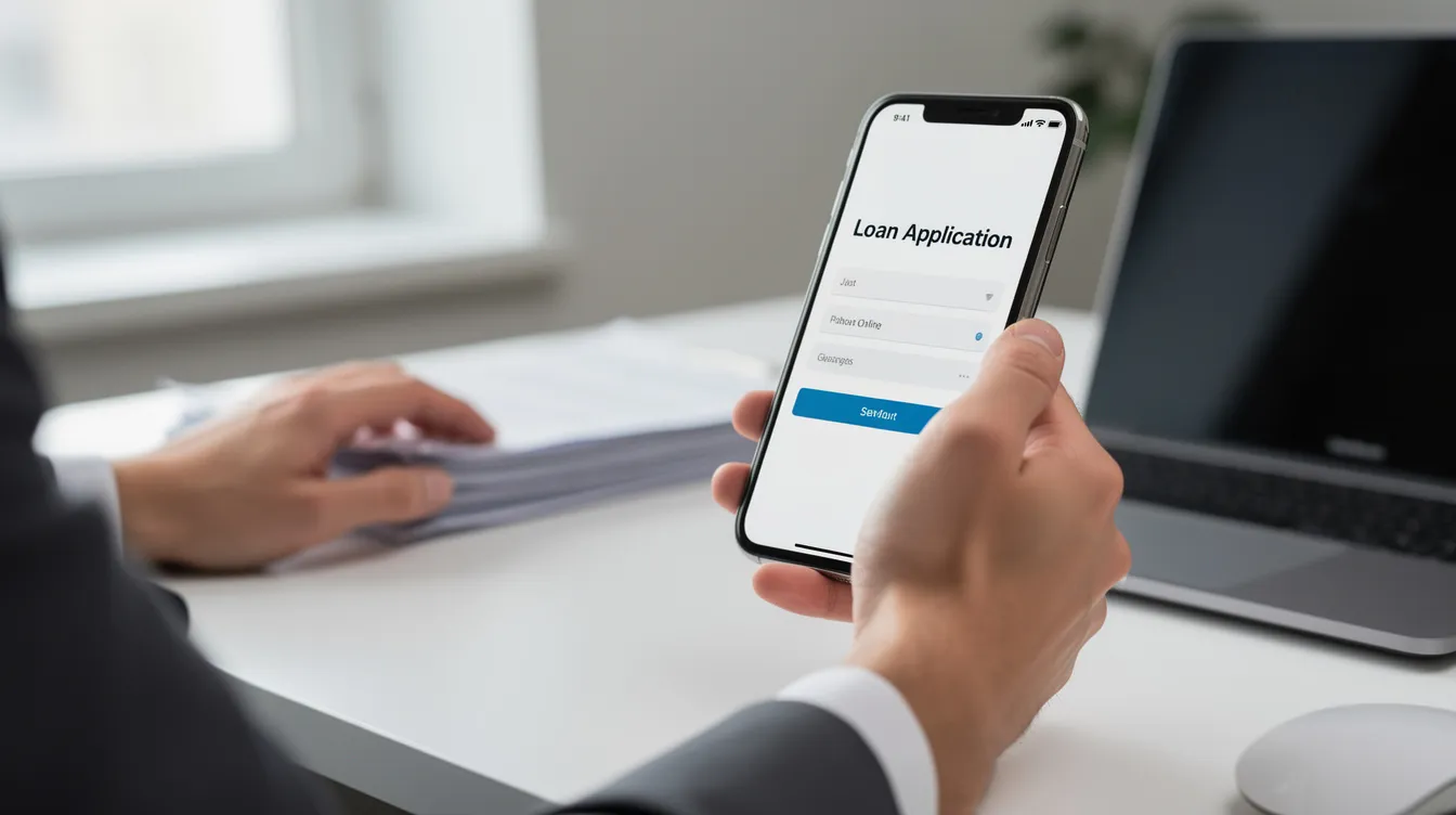 A person is sitting at a desk, completing a loan application on their smartphone, with a focus on the ease of online application processes. The image conveys a sense of urgency, suggesting that the individual may need immediate cash assistance through a financial company.