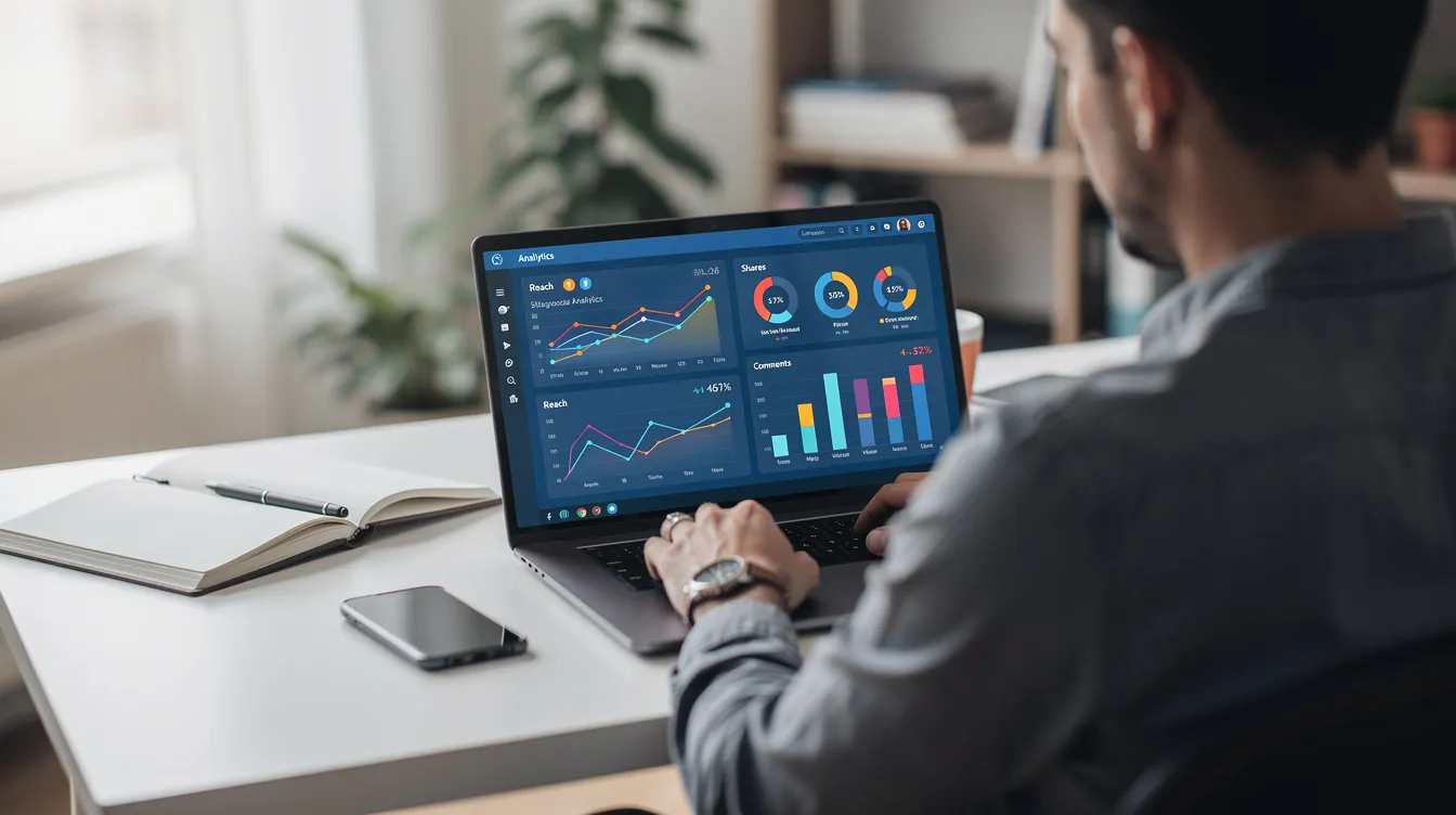 A person is focused on their laptop, analyzing social media analytics that showcase follower counts and engagement metrics, likely related to strategies for gaining more real Twitter followers. The screen displays various graphs and statistics, indicating efforts in social media growth and marketing strategies.