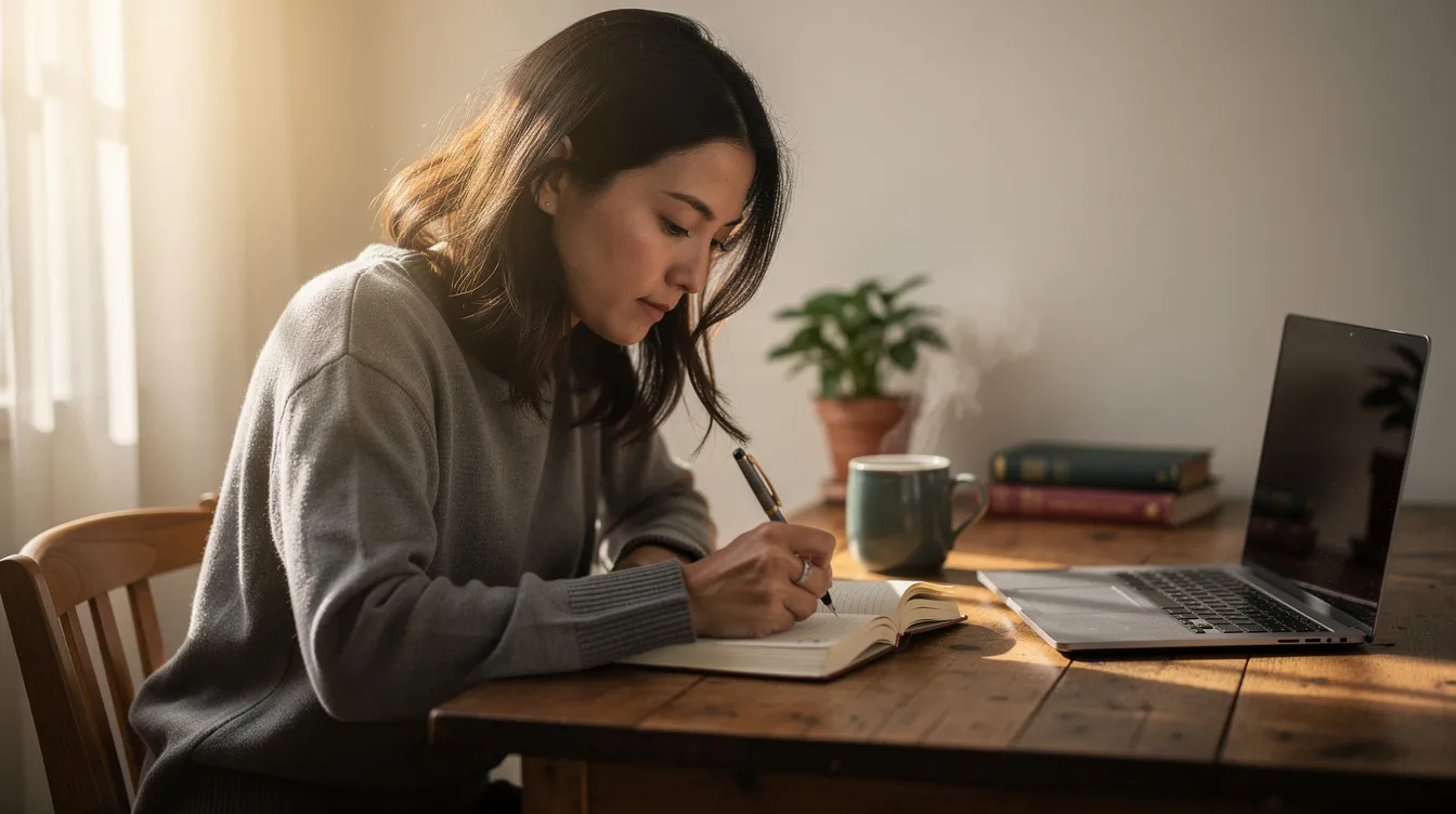A thoughtful individual is seen writing in a journal at a desk, reflecting on their dating life and relationship goals. This scene captures the essence of intentional dating, emphasizing self-awareness and the importance of aligning core values for building a meaningful relationship.