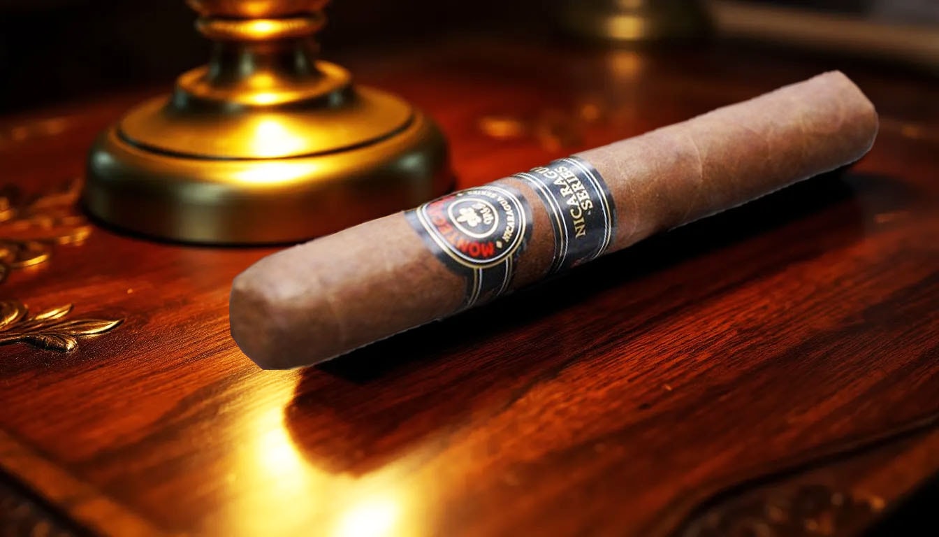 A well-lit cigar resting on a wooden table, highlighting its quality.