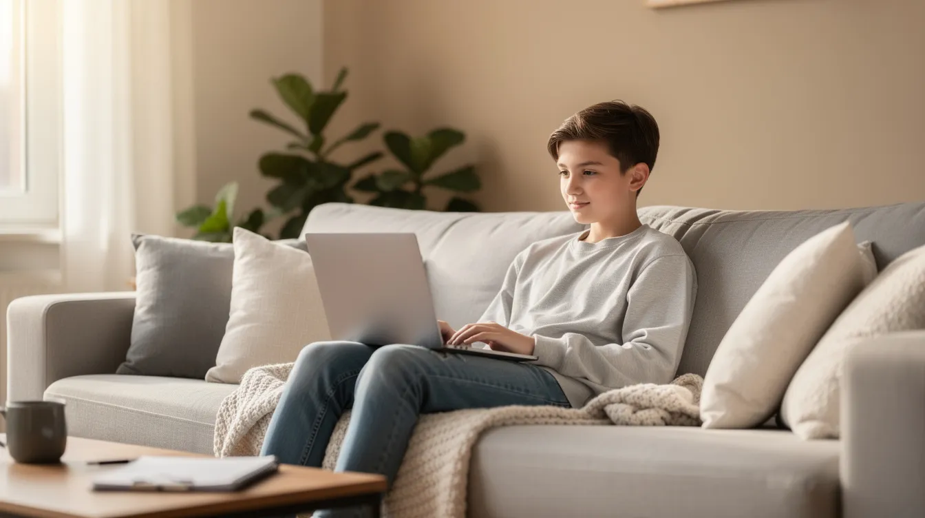 A teenager is sitting on a couch with a laptop open, actively participating in a video call in a bright and comfortable room, symbolizing the accessibility of online therapy and mental health services. This scene reflects the importance of digital therapy in addressing mental health needs and providing support through virtual sessions.