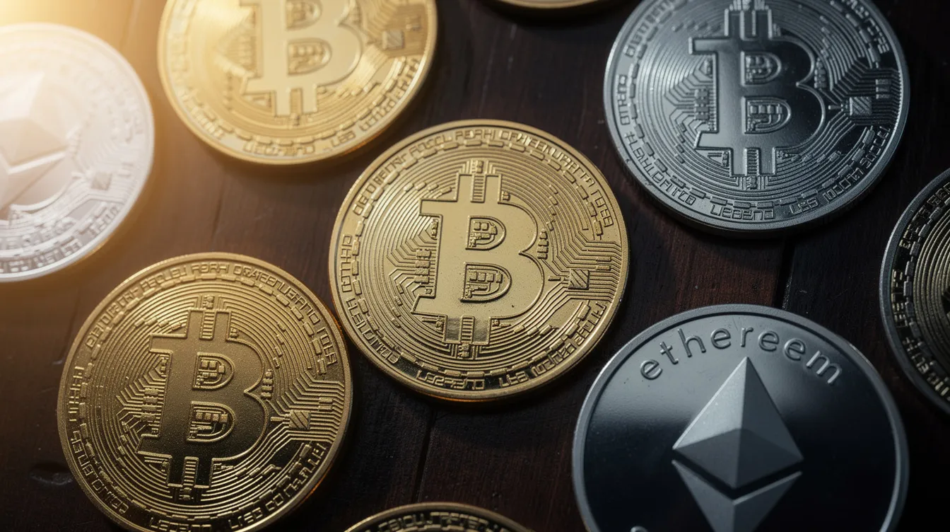 The image features several physical Bitcoin and Ethereum coins artistically arranged on a dark wooden surface, highlighting the growing interest in cryptocurrency amidst discussions about online gambling and the importance of responsible gaming. These coins symbolize the intersection of digital finance and gambling activities, inviting viewers to consider the implications of self-exclusion and legal liability in the context of online casinos.