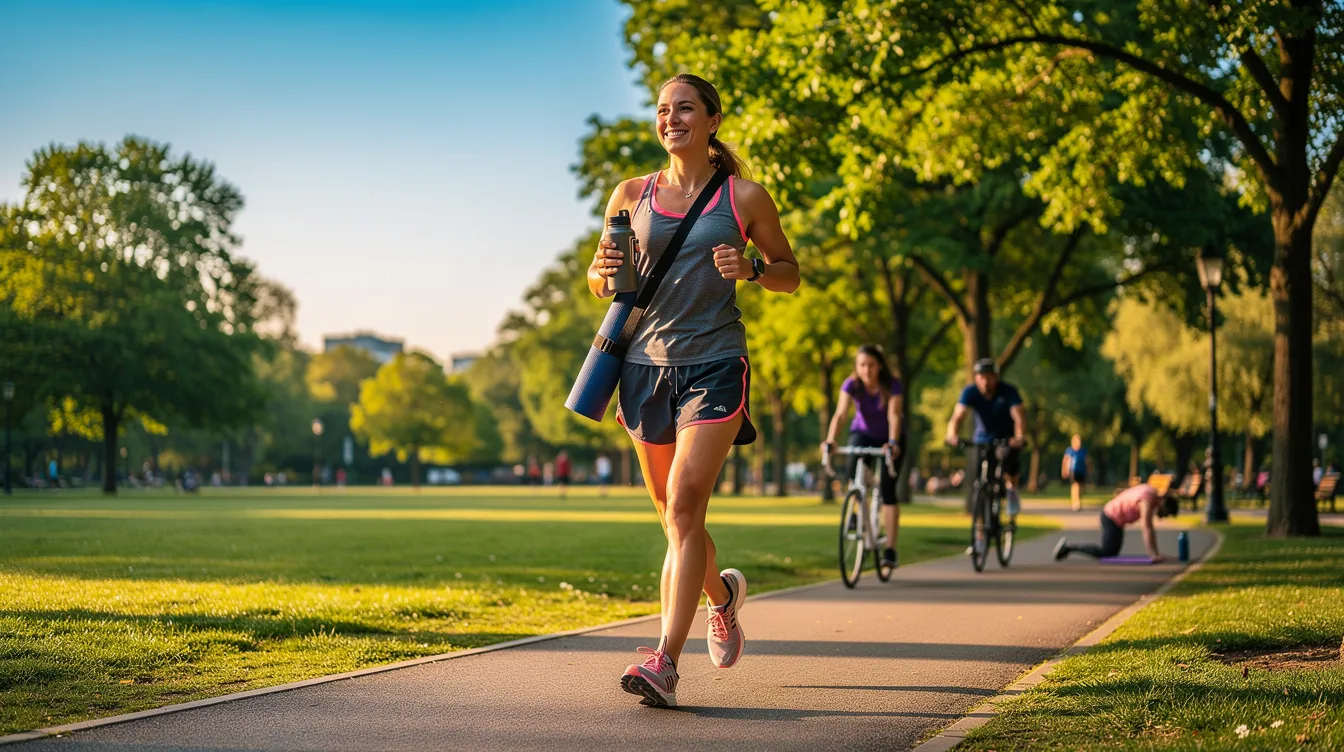 The image depicts a person engaging in outdoor activities such as jogging and yoga, promoting a healthy lifestyle that can help induce autophagy and support cell health. This vibrant scene emphasizes the importance of physical fitness in disease prevention and maintaining overall well-being.