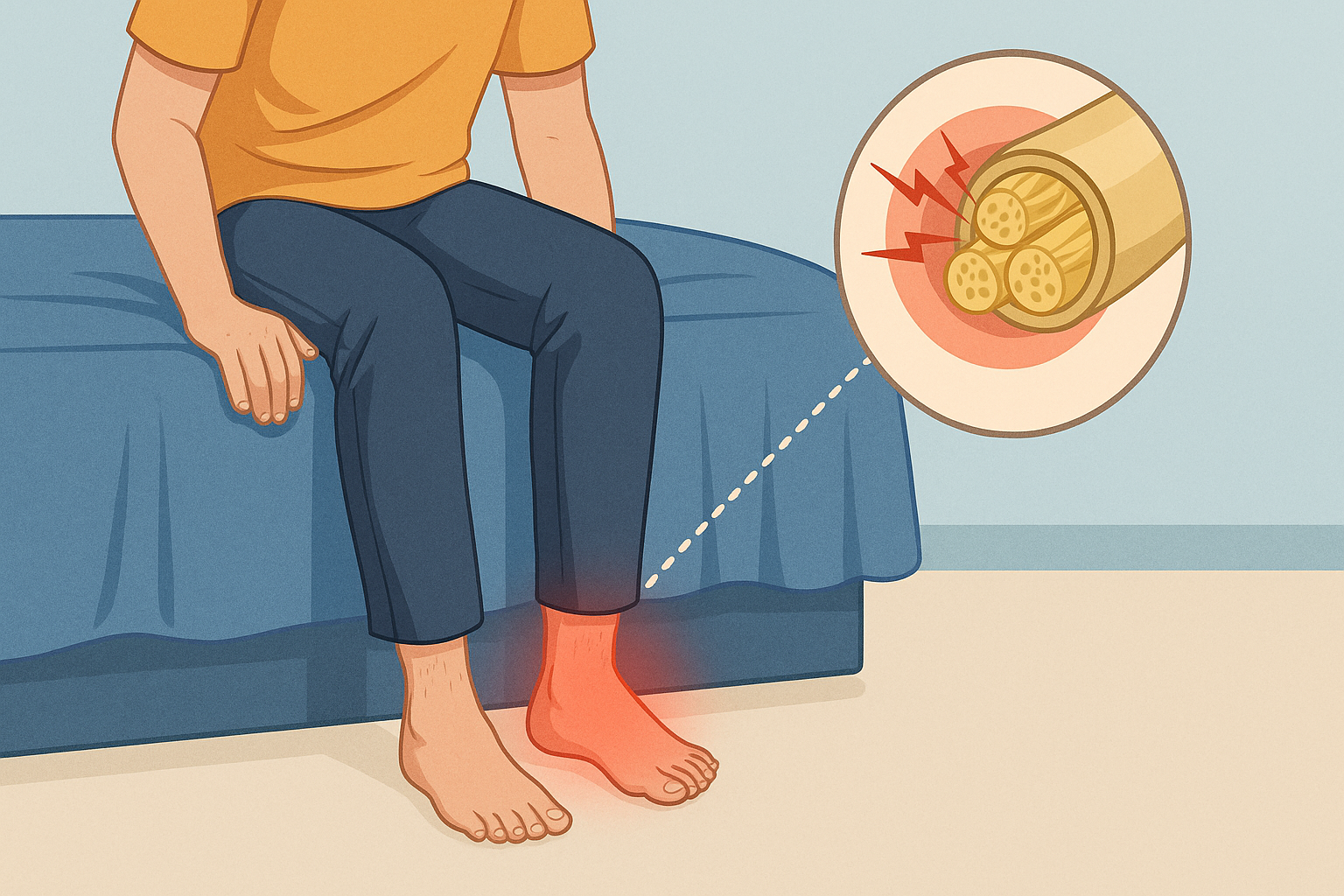 Illustrasjon av betente nerver og smerte i fot ved diabetisk nevropati.