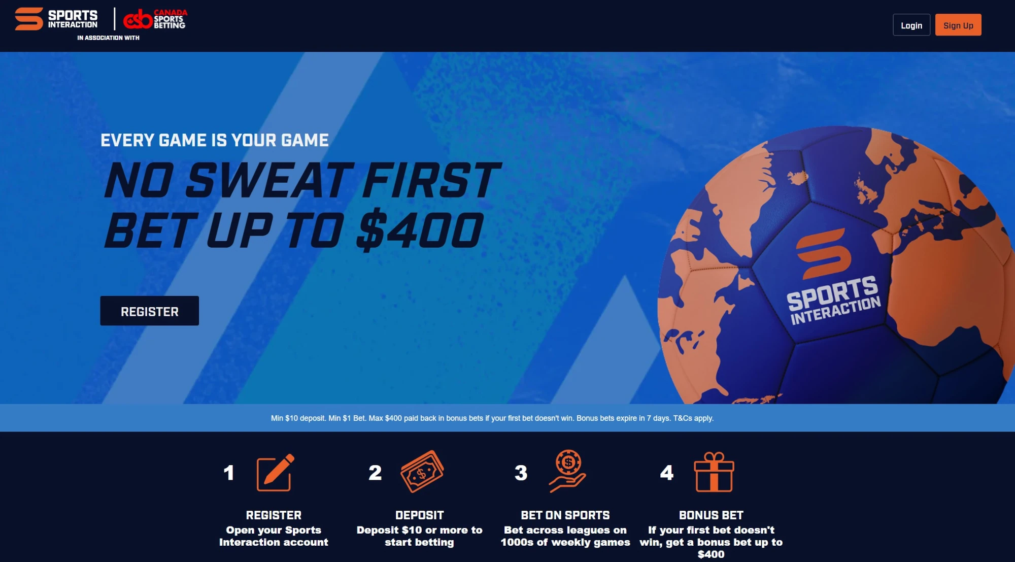 A screenshot desktop view of Sports Interaction's no sweat first bet up to $400 bonus offer in partnership with Canada Sports Betting.