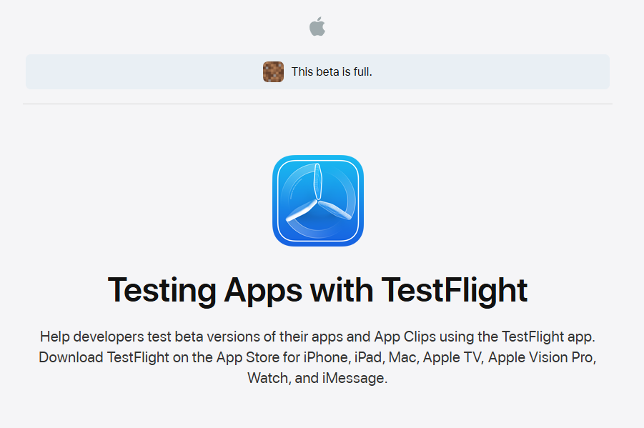 The TestFlight sign up page.