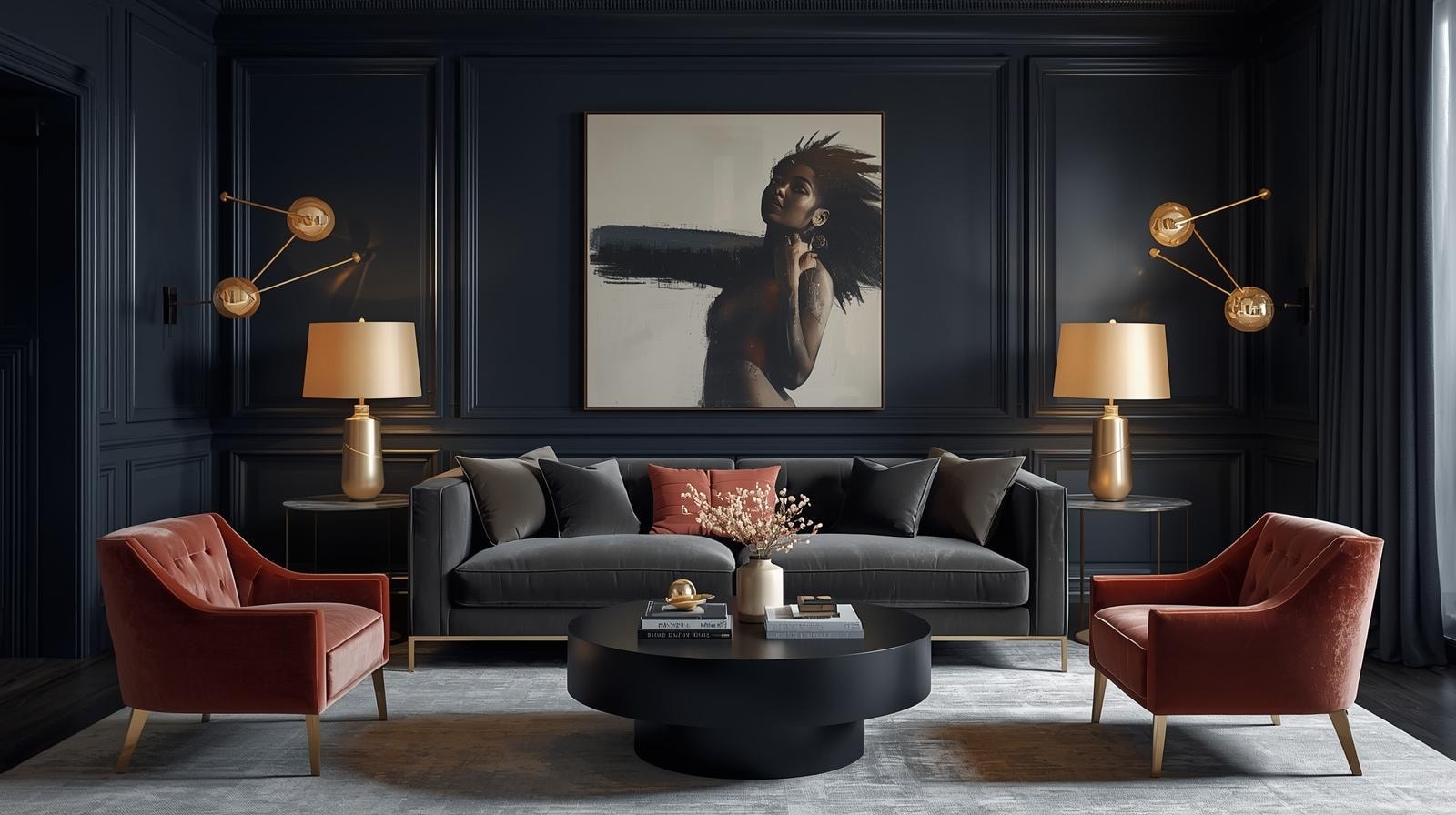 Navy living room with beautiful artwork that anchors the space