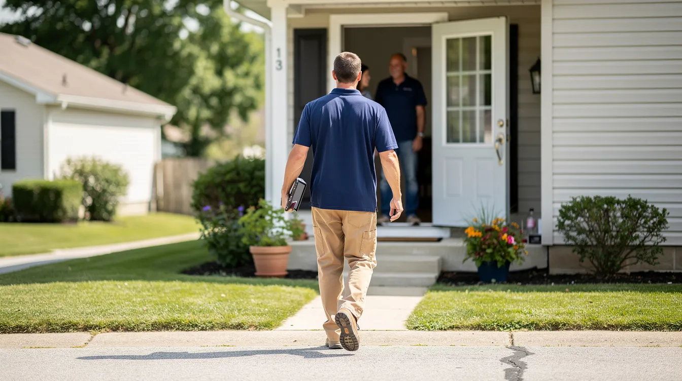 An HVAC technician in a plain navy shirt and tan pants is seen walking out of a residential home, engaging with a customer. The absence of a service van highlights the focus on energy-efficient HVAC solutions and indoor air quality for residential spaces.