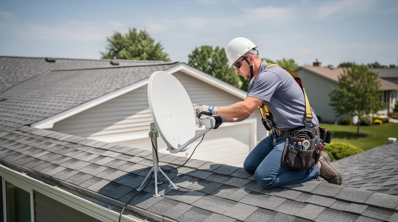 A professional technician is seen adjusting a satellite dish on a residential roof, ensuring optimal signal reception for the DSTV installation. This image highlights the expertise of accredited DSTV installers in Sunningdale, providing reliable installation services for an enhanced entertainment system.