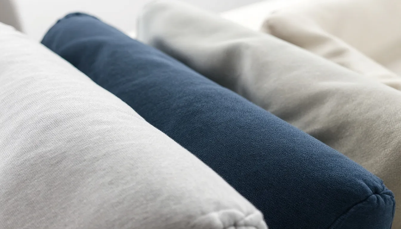A close-up view showcases various fabric sofa options in light grey, navy, and cream, highlighting their soft textures and stylish designs. These versatile sofas, perfect for any living space, offer ample seating and can complement other elements in a modern living room.