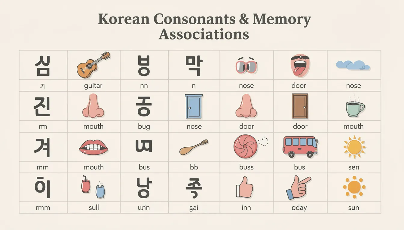 The image presents a visual comparison of Korean consonants from the Korean alphabet alongside memory association objects to aid in learning. This educational tool is designed to help Korean language learners understand and remember the sounds and shapes of Hangul characters, enhancing their writing and pronunciation skills.