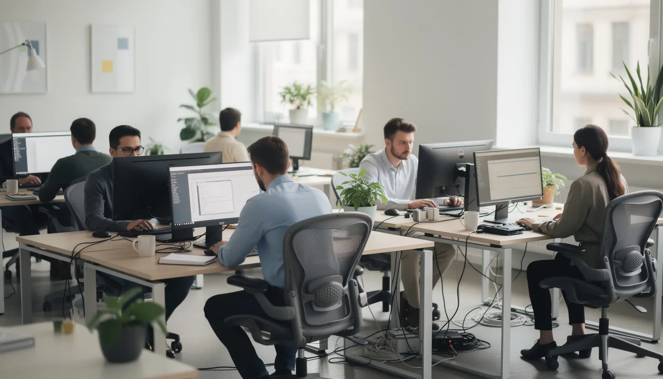 Na zdjęciu widać grupę ludzi pracujących w biurze przy komputerach, zajmujących się m.in. obsługą należności handlowych oraz analizą ryzyka niewypłacalności kontrahentów. W tle znajdują się dokumenty oraz narzędzia do zarządzania płynnością finansową firmy.