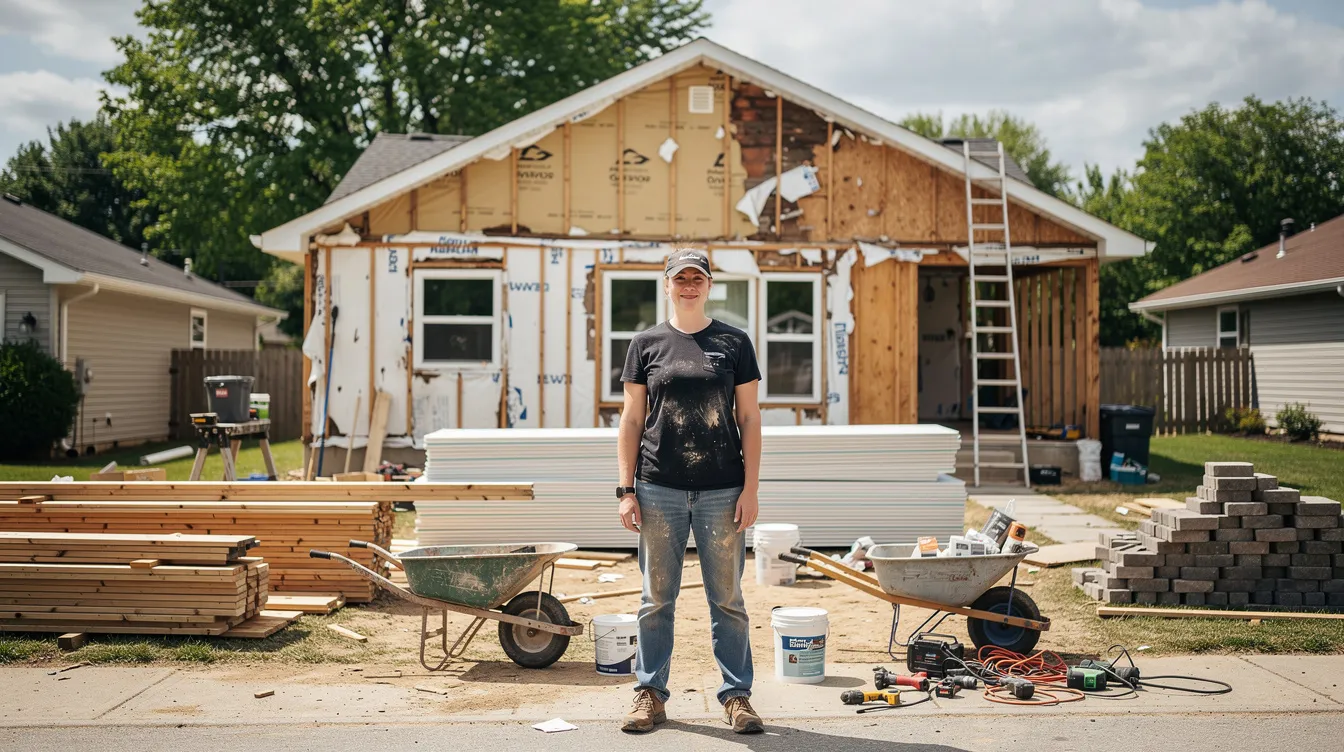 The image depicts a person standing in front of a house undergoing renovations, surrounded by various construction materials like wood and tools. This scene highlights the potential for homeowners to access equity for home renovations through options like a home equity line of credit or a home equity loan.