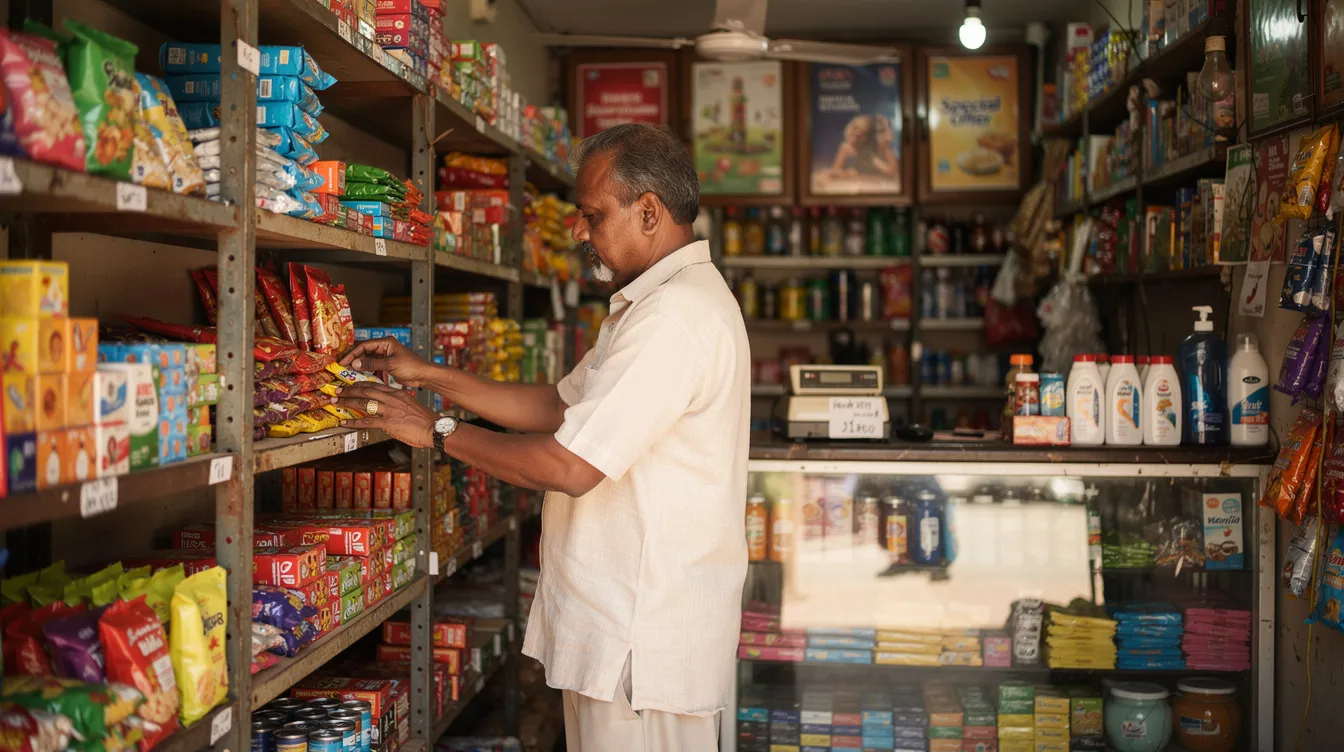 2b579228 ee8f 4b54 95d1 4bc1a5ffa5ca An Indian small business owner is seen meticulously arranging products on shelves inside a cozy retail shop, showcasing their dedication to creating a successful micro enterprise. This scene highlights the importance of financial assistance, such as mudra loans, which can help entrepreneurs like them manage their cash flow and expand their businesses.