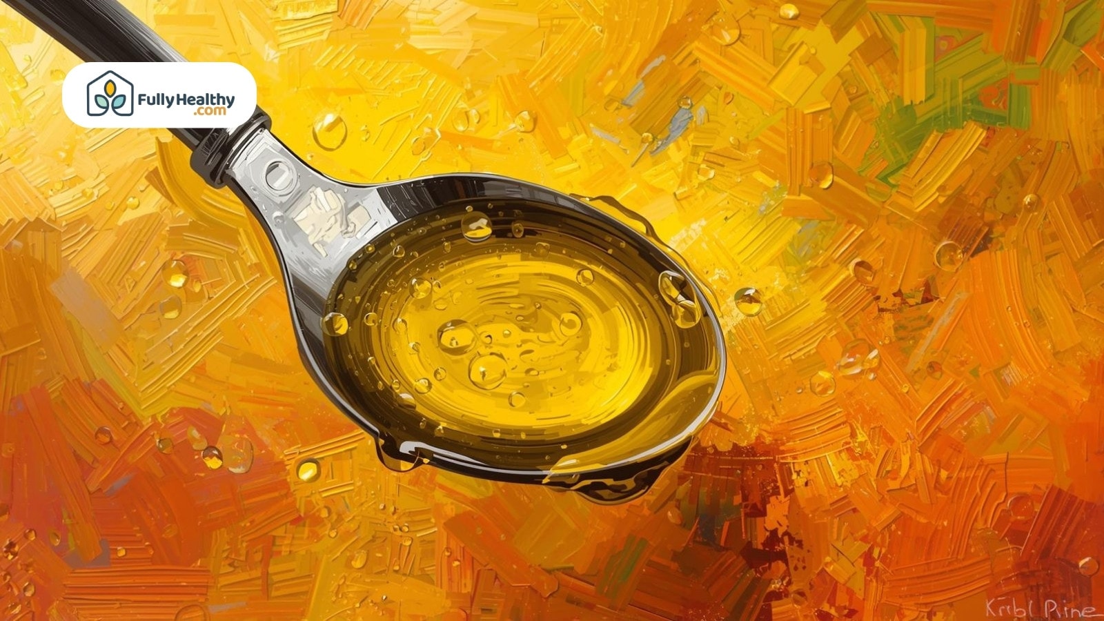 Artistic spoon of olive oil on textured yellow orange background