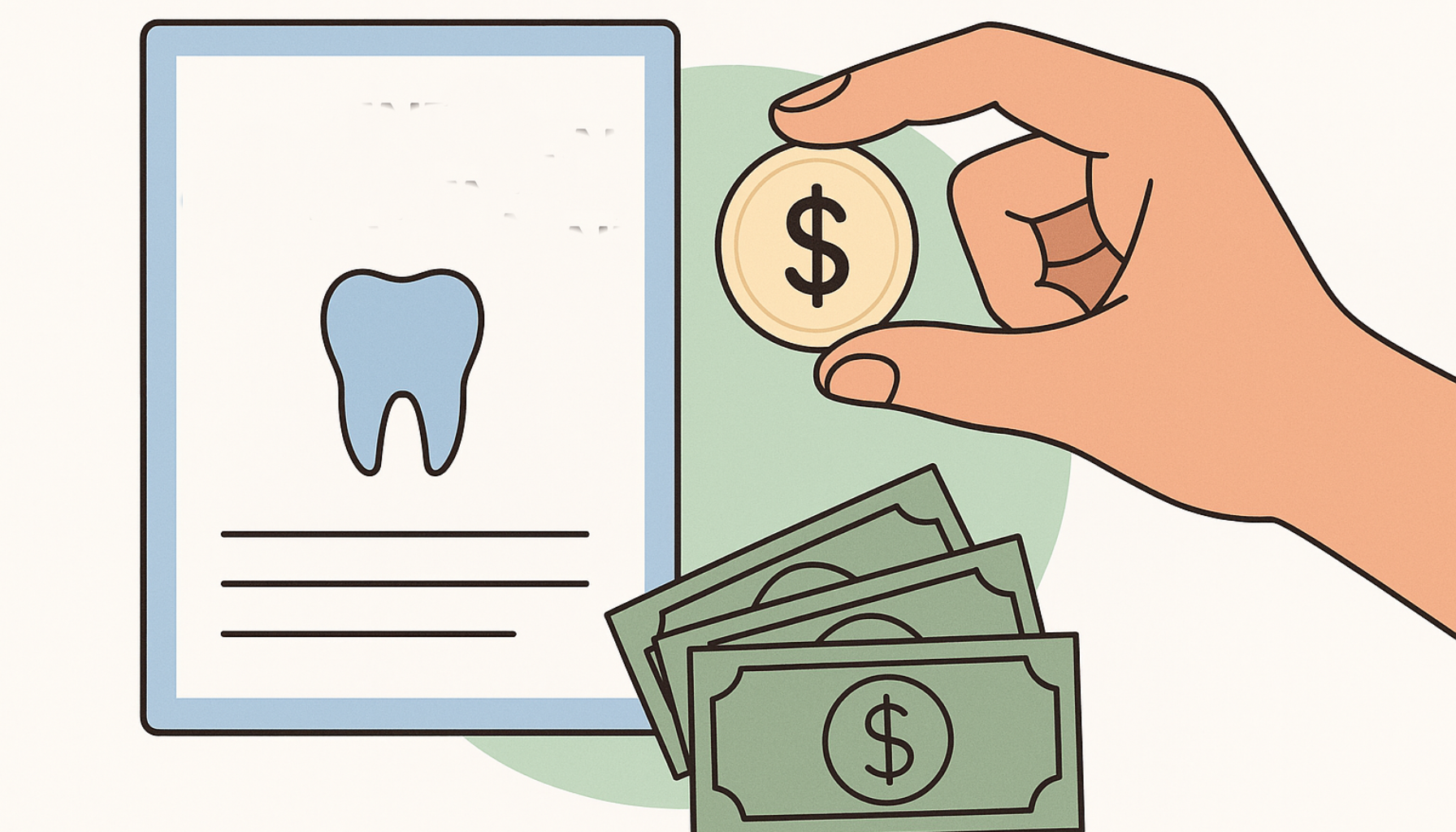 Refusjon hos tannlege: Hva du må vite før du betaler 10 Illustrasjon av tannlegefaktura, penger og hånd som holder mynt for å vise kostnader og refusjon ved tannbehandling.