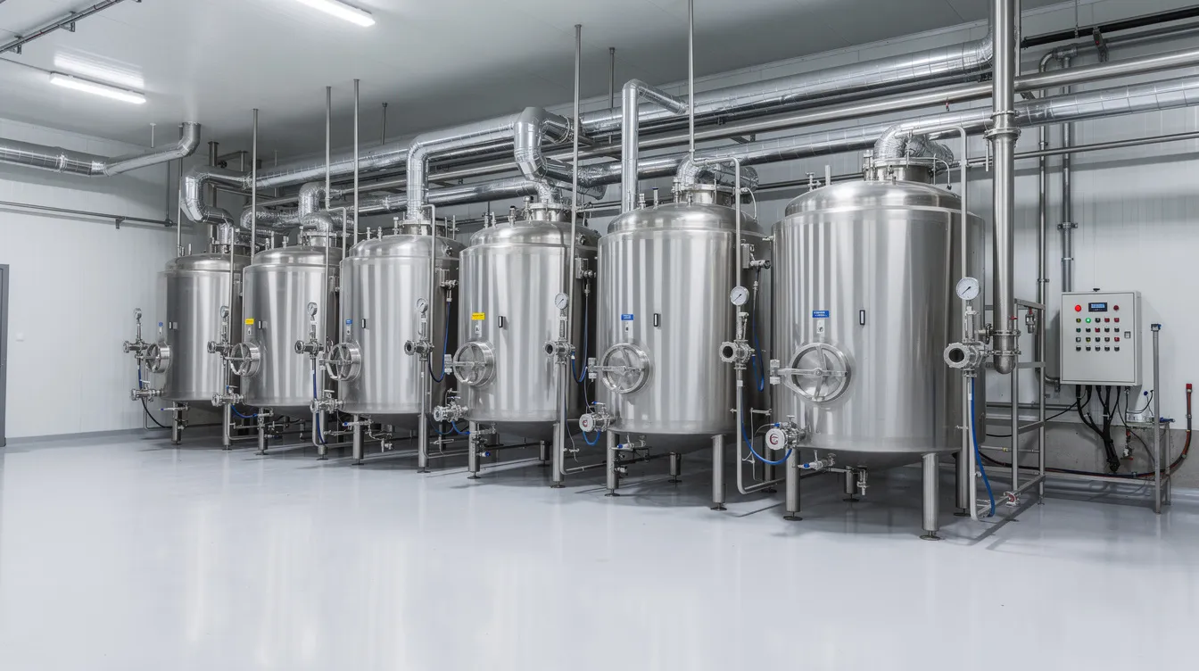 2b58710d e1b2 4341 a5ce c20ab8c2cb4c The image depicts a modern dairy processing plant featuring stainless steel milk processing tanks and extensive piping systems. This setup is essential for efficient uht milk production and processing, ensuring high standards of quality control in the dairy industry.