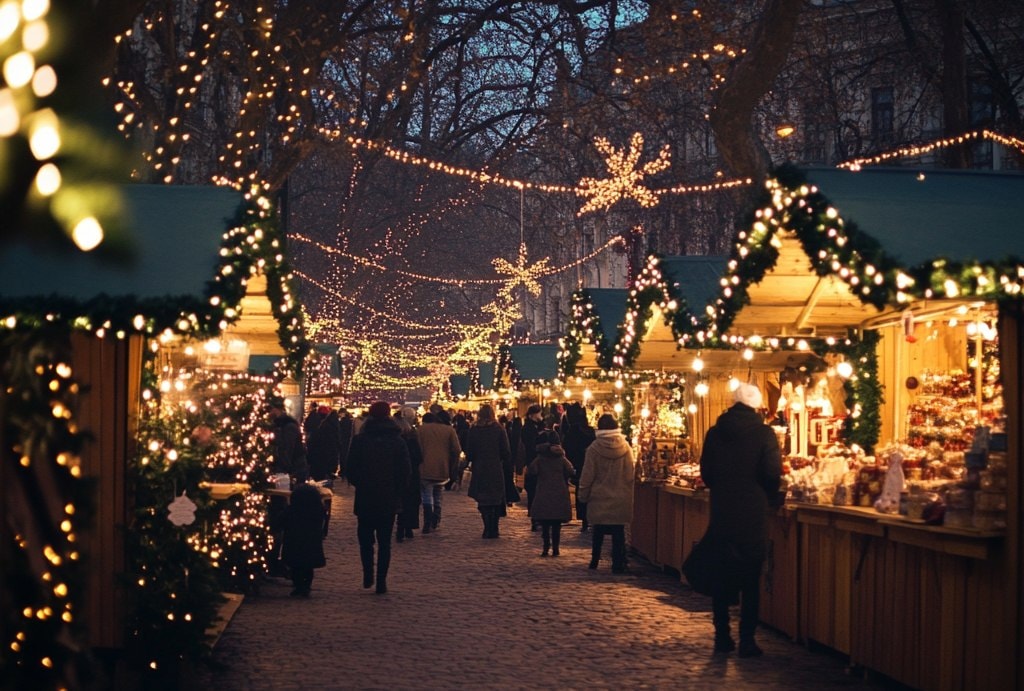 Hyggeligt stemningsfuldt julemarked med julelys og boder.