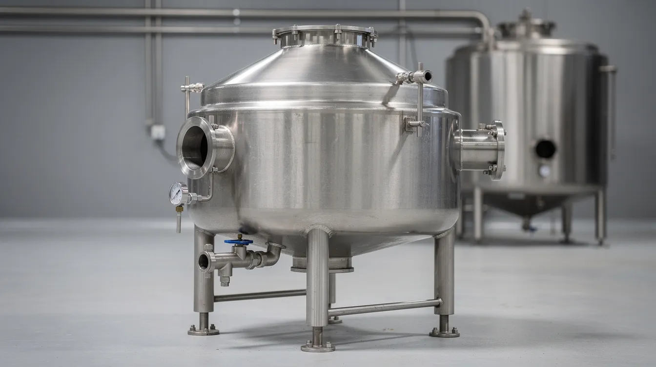 2b5a3b27 b4a3 48c9 ac11 59a1f59c5c78 The image depicts an industrial centrifugal cream separator machine made of polished stainless steel, essential for the ice cream manufacturing process. This equipment plays a crucial role in the production line of ice cream plants, ensuring a creamy texture by efficiently separating cream from milk.