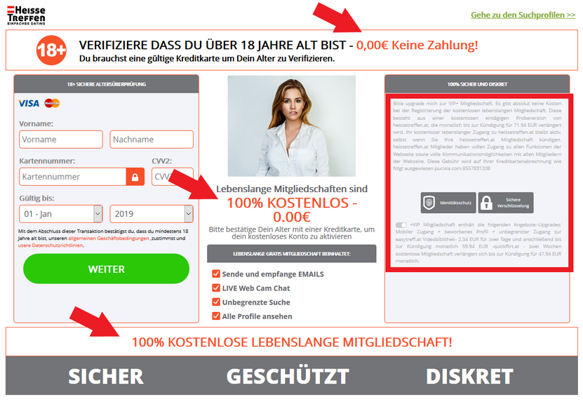 Typische Dating-Abofalle Website (Quelle: Watchlist Internet) 