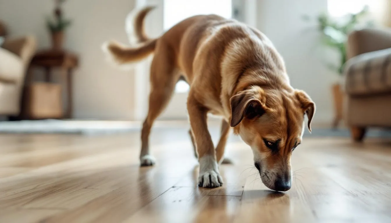 A restless dog is sniffing the ground indoors, displaying classic signs that it needs to go potty, such as circling and pacing, indicating it may be time for a bathroom break. This behavior suggests the importance of regular potty training routines to help your pet relieve itself in the right spot.