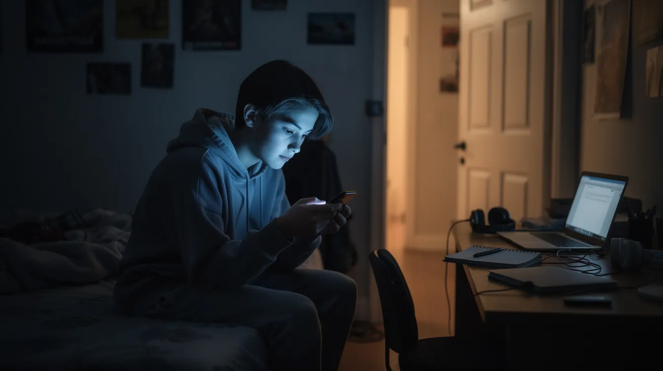 A teenager sits alone in a dimly lit bedroom, fixated on a glowing smartphone screen late at night, highlighting the potential risks of excessive screen time and its negative impact on emotional well-being and sleep disturbances. The scene reflects the growing concern about screen addiction and its effects on social interactions and mental health.