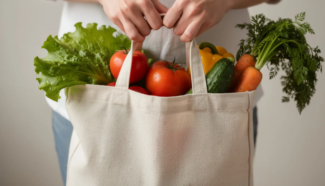 Na zdjęciu widać ręce trzymające torbę materiałową, wypełnioną świeżymi warzywami, co podkreśla zalety ekologicznych rozwiązań w codziennych zakupach. Torba wykonana z bawełny organicznej jest praktycznym i estetycznym wyborem, idealnym do transportu produktów spożywczych.