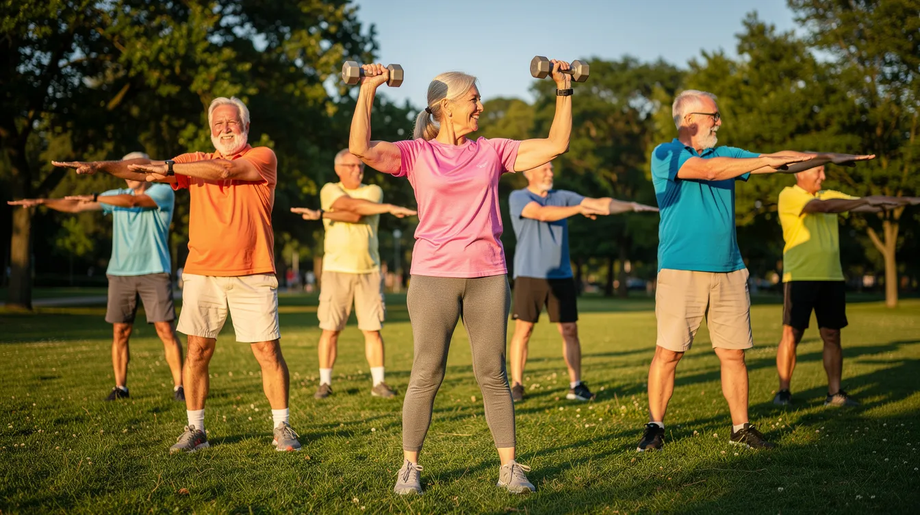 The image shows a group of elderly people exercising outdoors under bright sunlight, engaging in activities that promote energy production and combat aging. Their physical activity may help mitigate age-related decline and support overall health, potentially enhancing their NAD levels and contributing to better mitochondrial function.