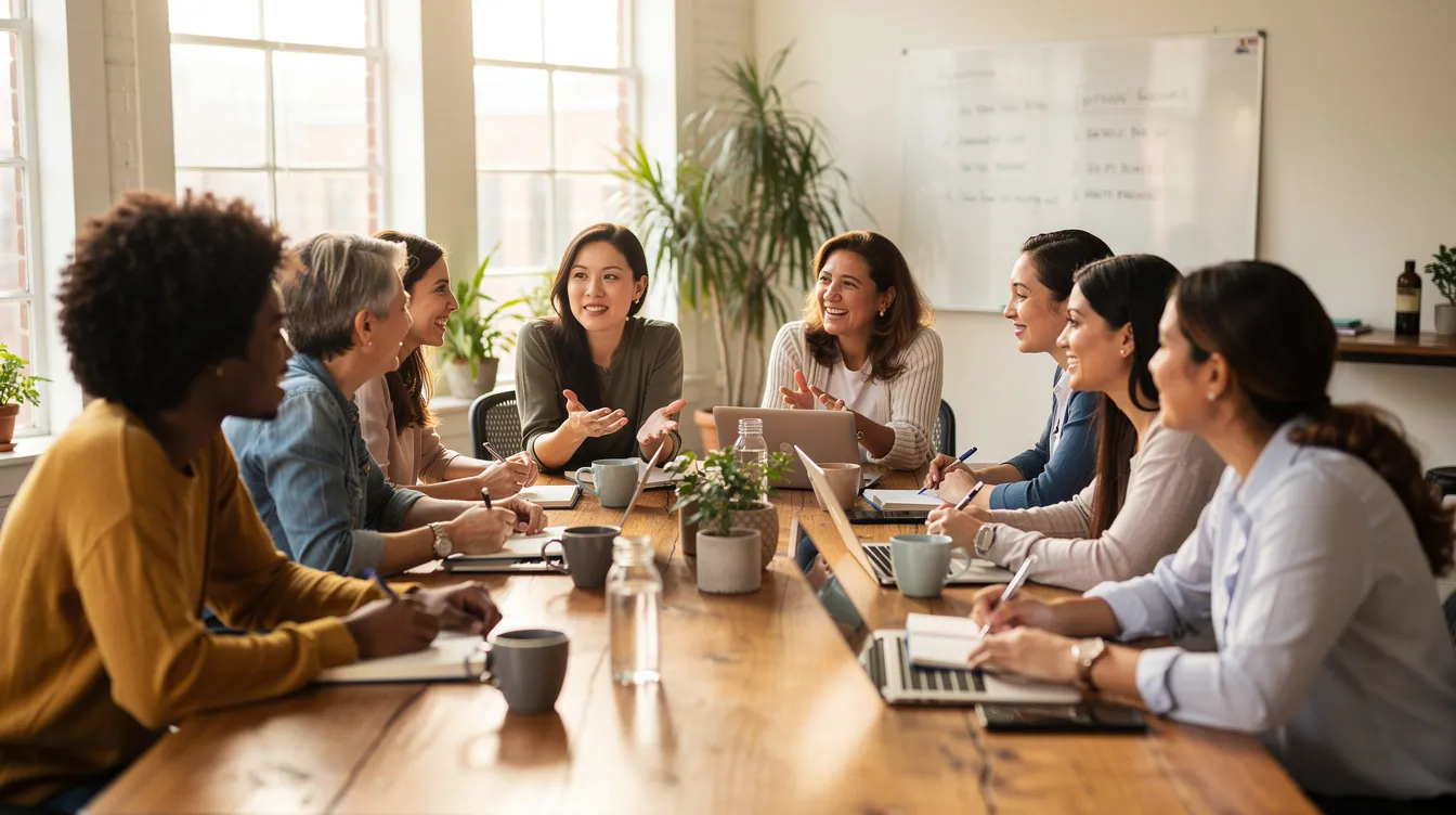 A diverse group of women is seated around a table in a bright, casual meeting space, with notebooks and laptops open as they engage in a discussion about personal finance and financial literacy. Their conversation likely touches on important topics such as managing debt, setting financial goals, and the financial future, emphasizing the importance of financial education for their overall financial health and security.