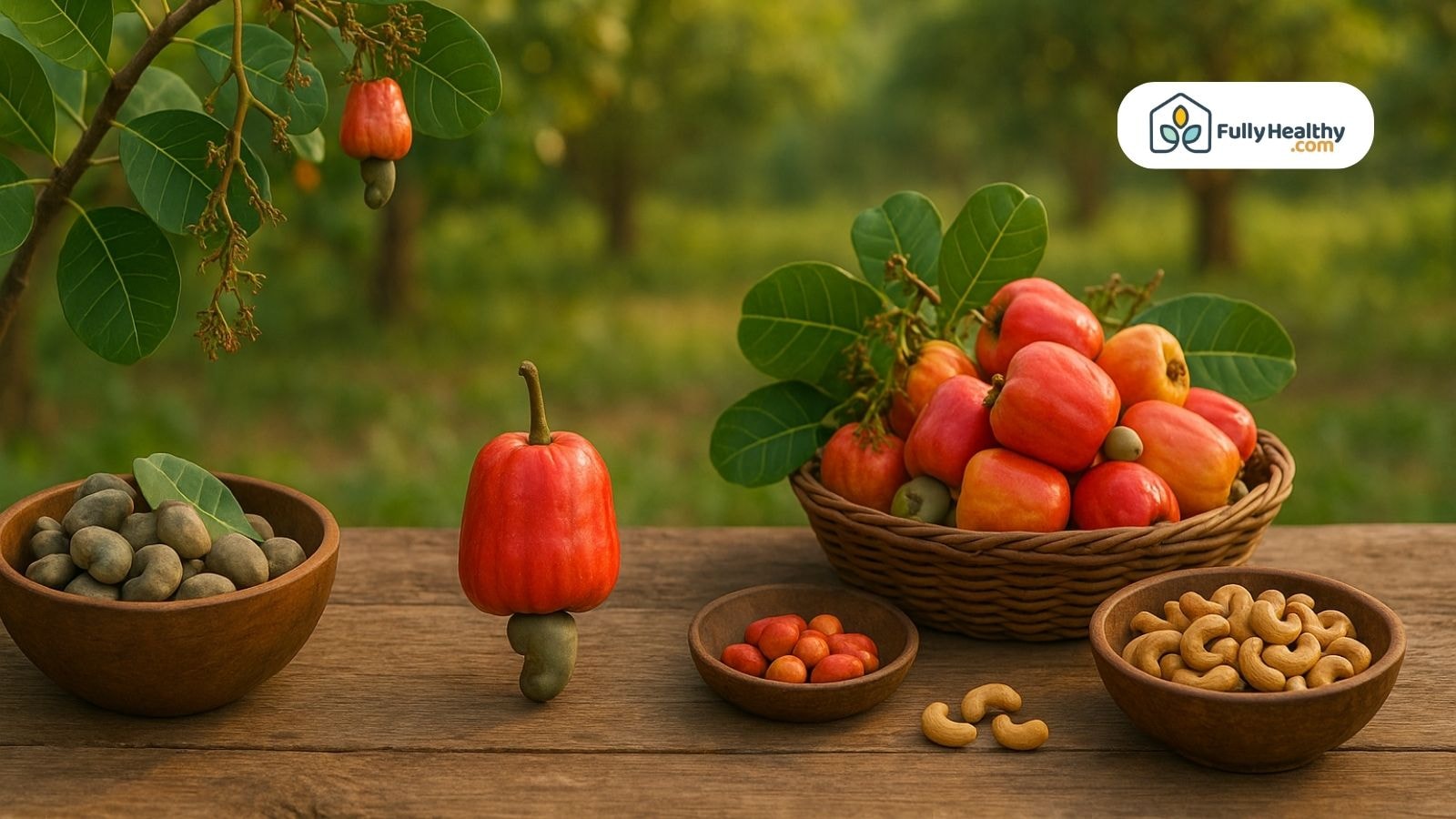 Cashew apples with raw and roasted cashew nuts displayed on table