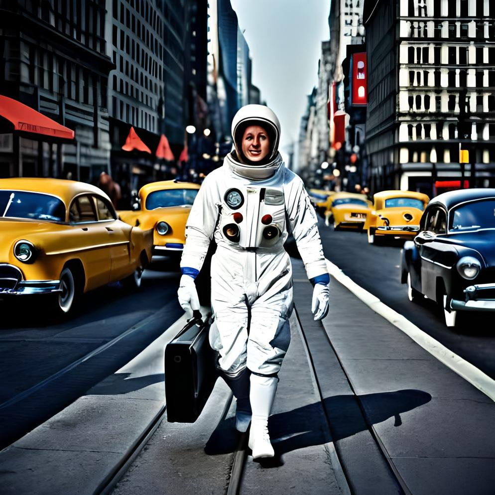 Cartoonish looking image of a female astronaut walking through 1950/60s New York holding a briefcase - colorised 