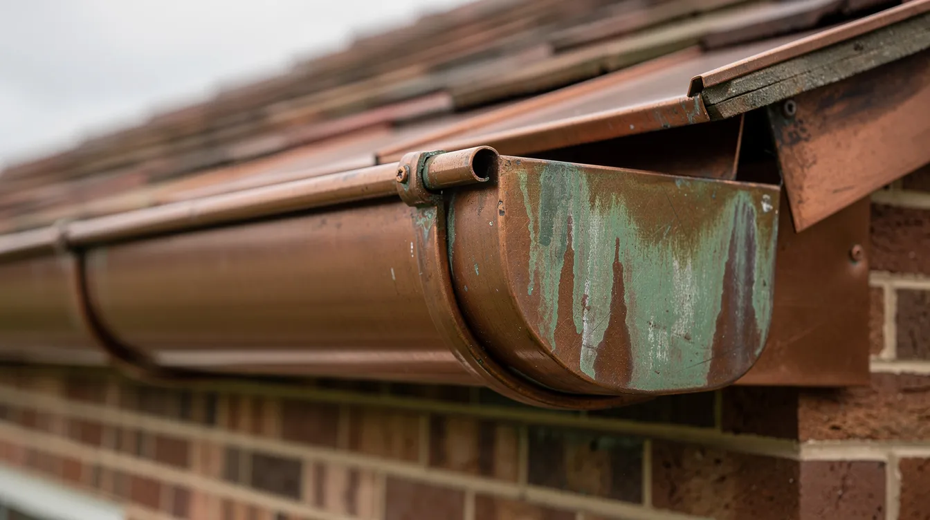 Copper gutters on a brick home showing developing patina and strong curb appeal.
