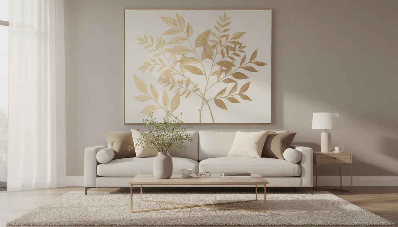 Ett fantastiskt guld botaniskt tryck pryder väggen i ett elegant neutralt vardagsrum och tillför en känsla av lyx och sofistikering till inredningen. Konstverket har intrikata detaljer som vackert kontrasterar mot väggarnas mjuka toner och förstärker rummets totala atmosfär.