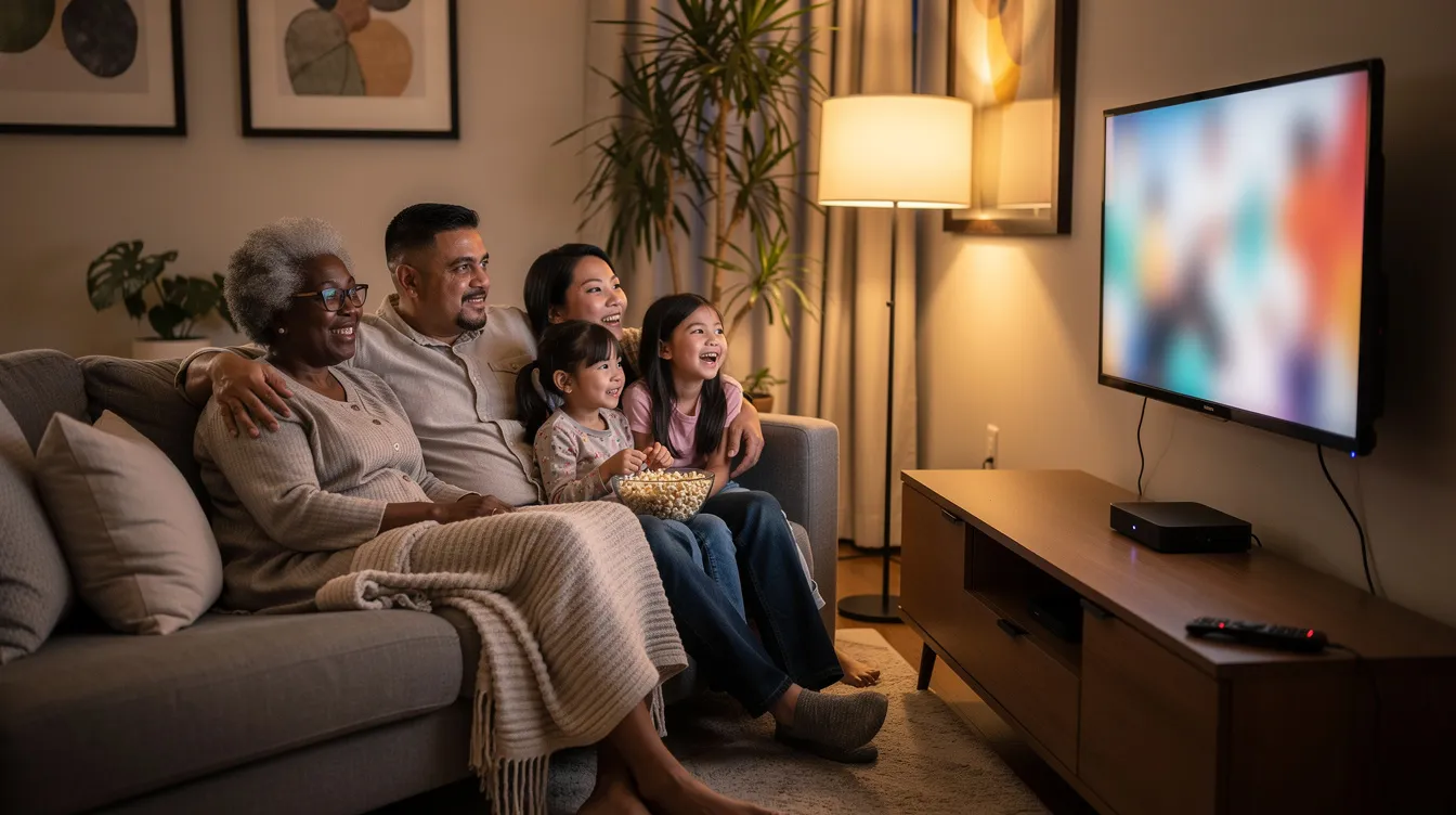 A diverse family is comfortably seated on a couch, enjoying their time together while watching a smart TV that displays various live TV channels. A streaming device, which could be an Apple TV or an Android box, is visible near the television, showcasing the convenience of IPTV services for Canadian households.