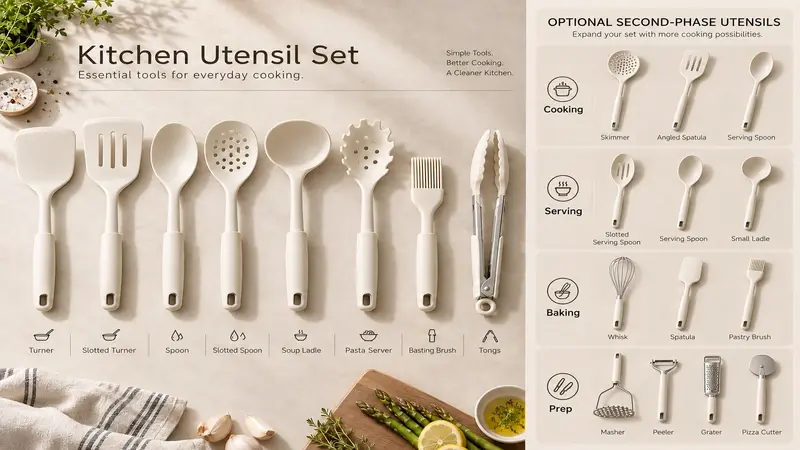 A comparison between a core launch set and optional second-phase utensils, with each tool grouped by cooking task.