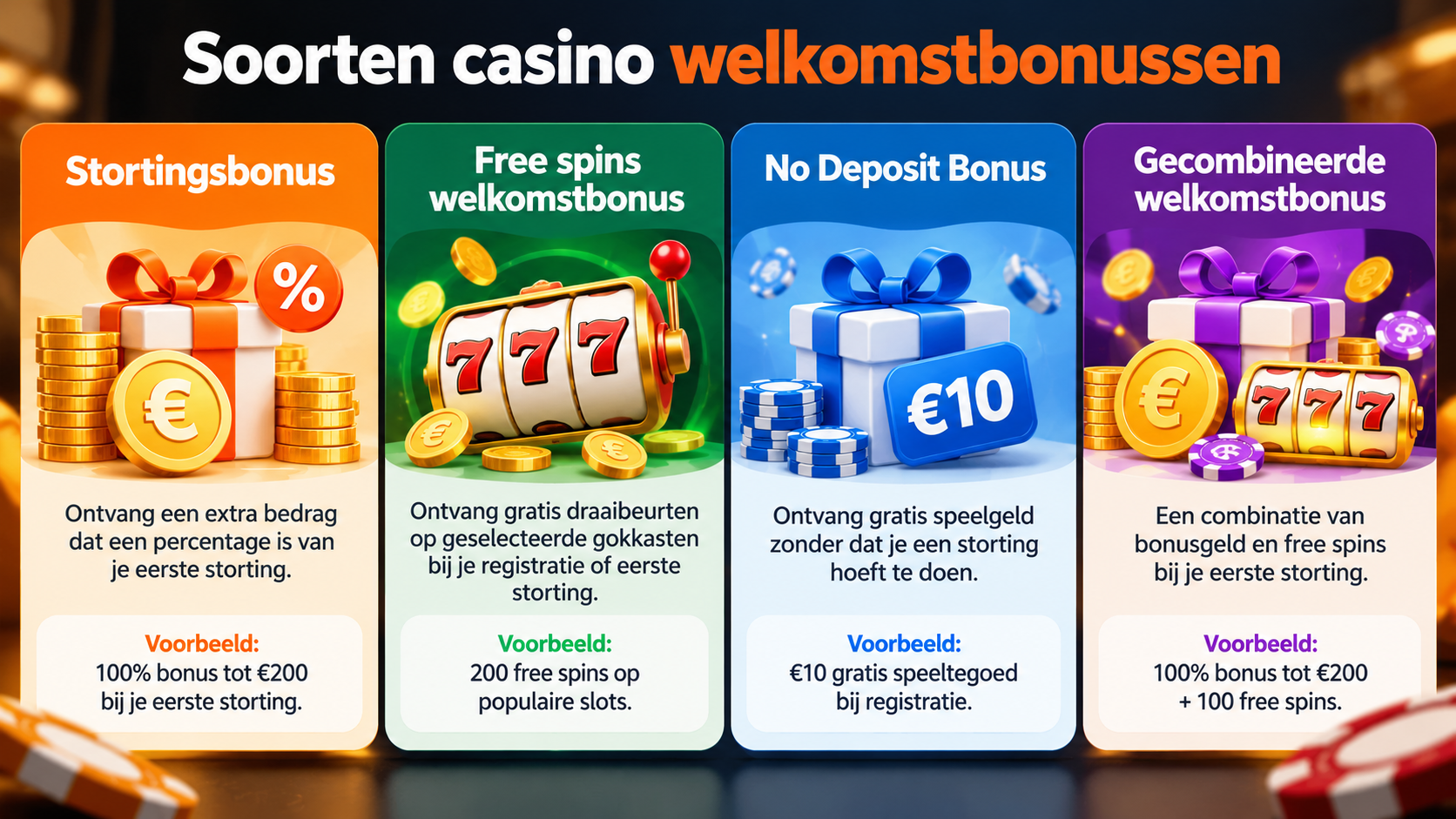 Overzicht van vier soorten casino welkomstbonussen: stortingsbonus, free spins, no deposit bonus en gecombineerde bonus.