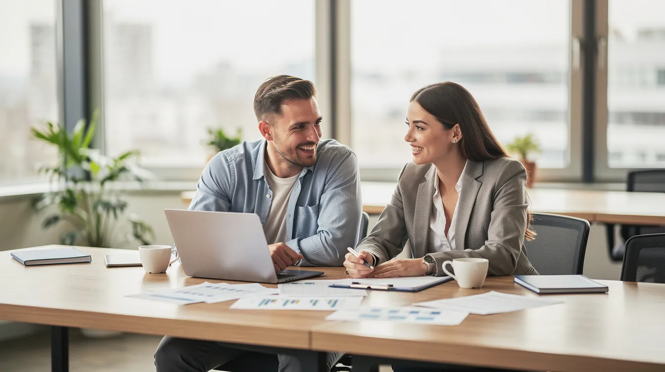 Twee ondernemers zitten aan een bureau en werken samen aan hun bedrijf, mogelijk een vennootschap onder firma (vof). Ze bespreken onderlinge afspraken en administratieve verplichtingen, terwijl ze hun ideeën en plannen uitwisselen.