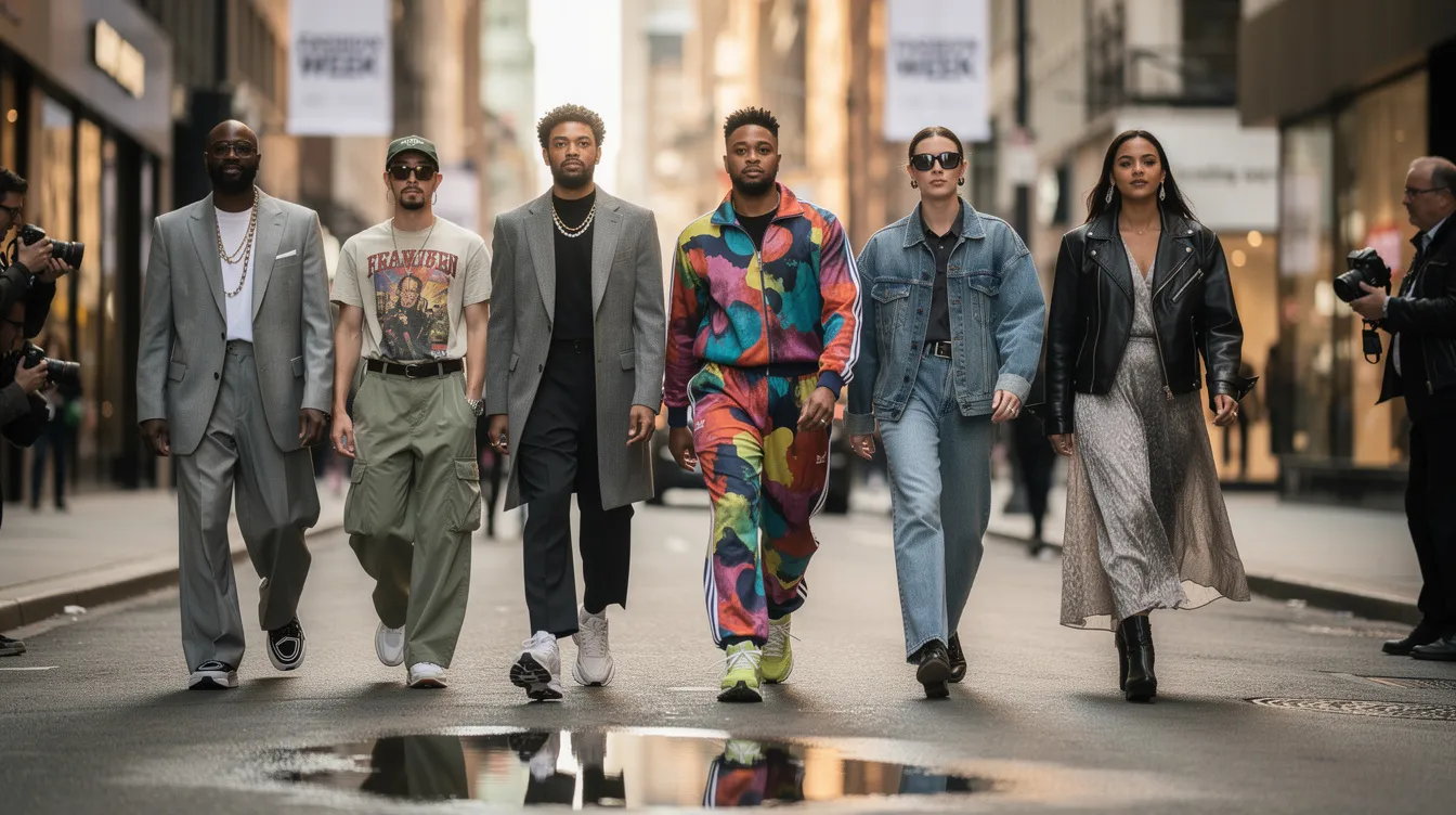 A diverse group of individuals showcases their unique street style outfits during fashion week, featuring a mix of bold prints, casual styles, and classic staples. The scene highlights a variety of clothing aesthetics, including tailored trousers, ripped jeans, and oversized sweaters, all complemented by subtle accessories and playful patterns.