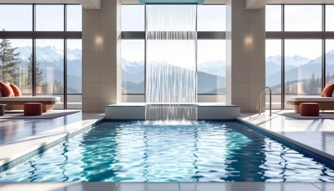 The image depicts an indoor pool area featuring a stunning waterfall and large windows that showcase breathtaking mountain views. This relaxing space is part of the Brian Head Lodge, offering guests a serene environment to enjoy during their stay at the Brian Head Resort in southern Utah.