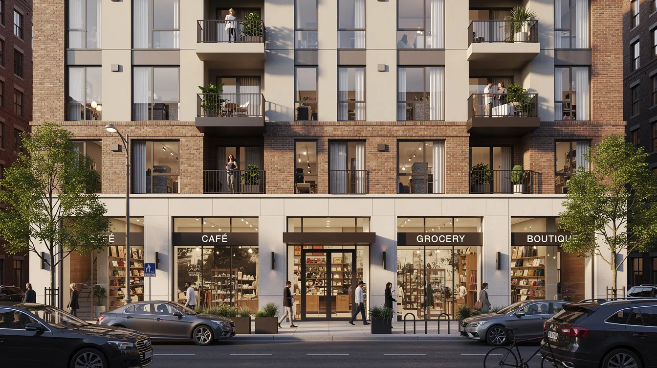 The image depicts a modern commercial mixed-use building featuring retail spaces on the ground floor and residential apartments above. This type of property is often sought after by real estate investors looking for investment opportunities, as it combines both commercial and residential elements.