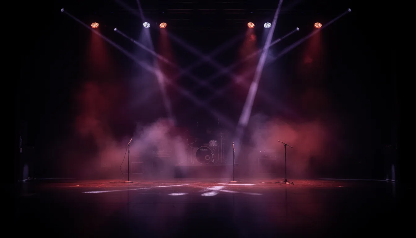 En mörk konsertscen med dramatiskt lila och röd belysning samt dimma som skapar en intensiv atmosfär. Denna typ av miljö är typisk för live metalkonserter, där stämningen är elektrisk och energin hög.